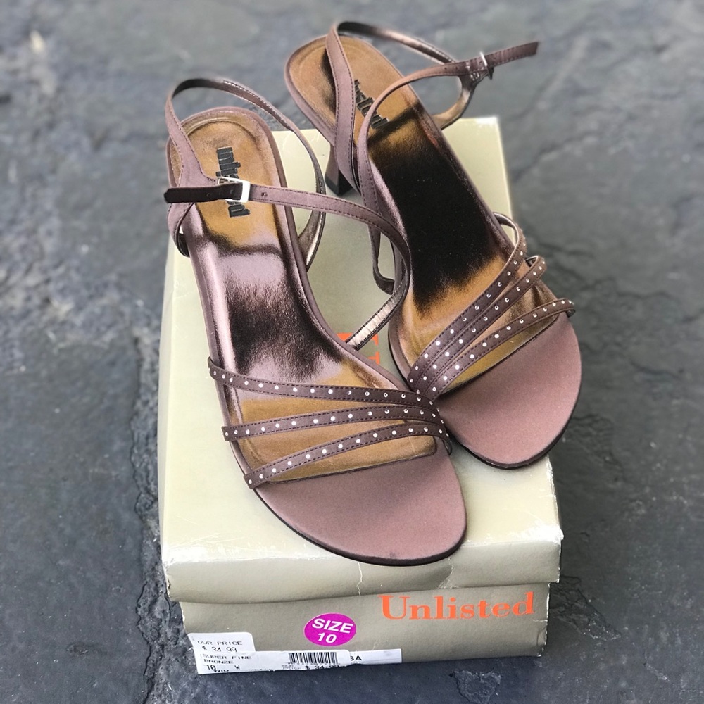 Unlisted Mauve Brown Strappy Rhinestone Heels